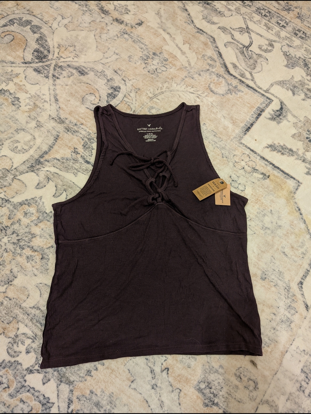 American Eagle Outfitters Ribbed Lace-Up Tank Top in Plum